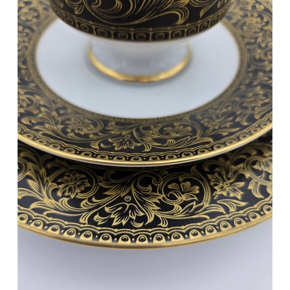 Vintage Sango China Japan Richelieu 3756 Black Gold Cup Saucer Dessert Plate Set - Picture 2 of 15